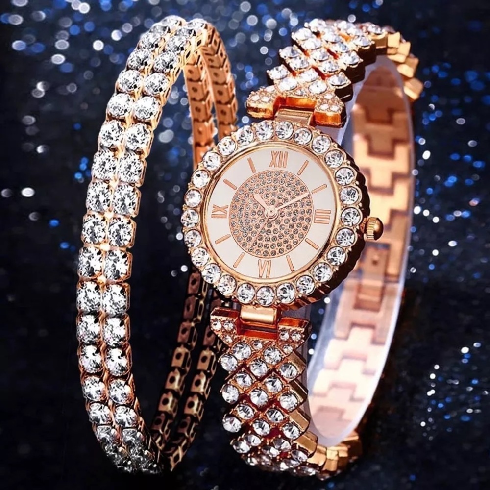 NEW Ladies Sparkling Bling Crystal Watch + Bracelets! Rose Gold Tone